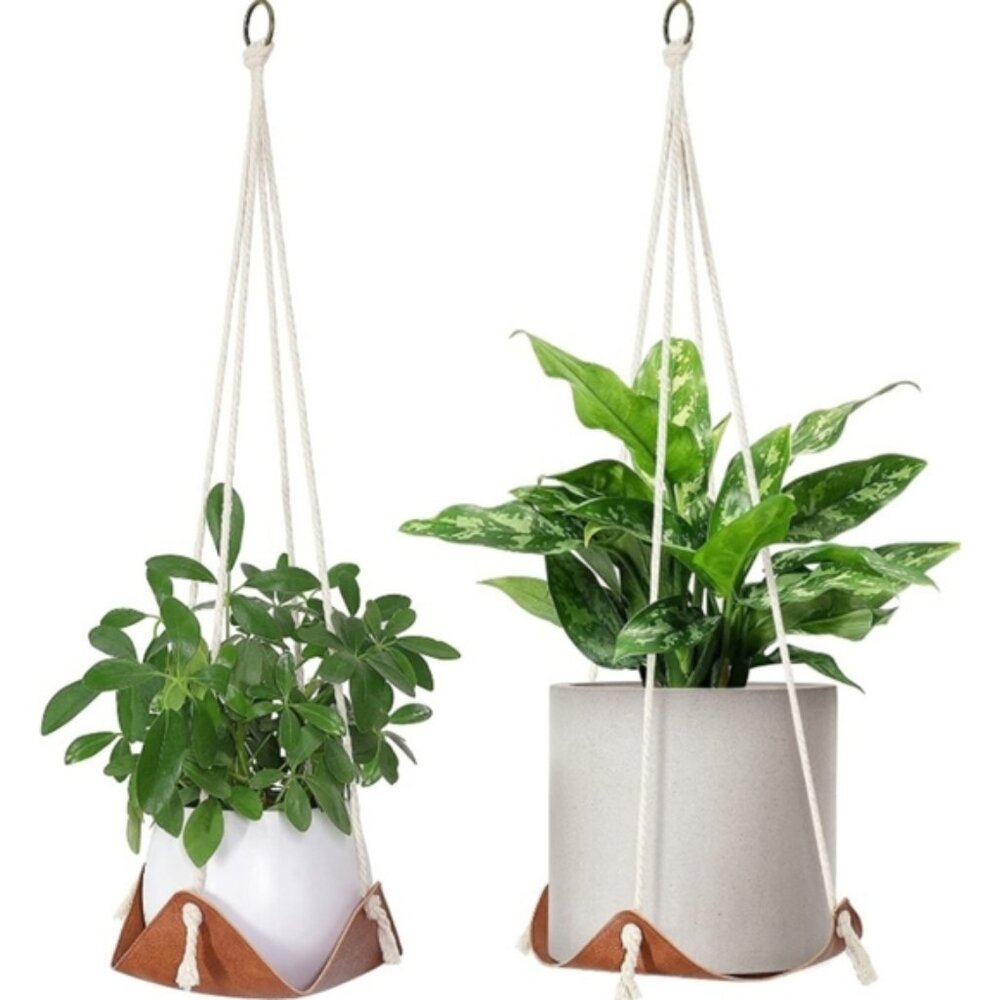Boho Vegan Leather Plant Hangers Set of 2 Decorative Hanging Planters NWT - Picture 2 of 7